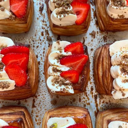 Strawberry and cream danishes and crumble-topped pastries fresh from the oven